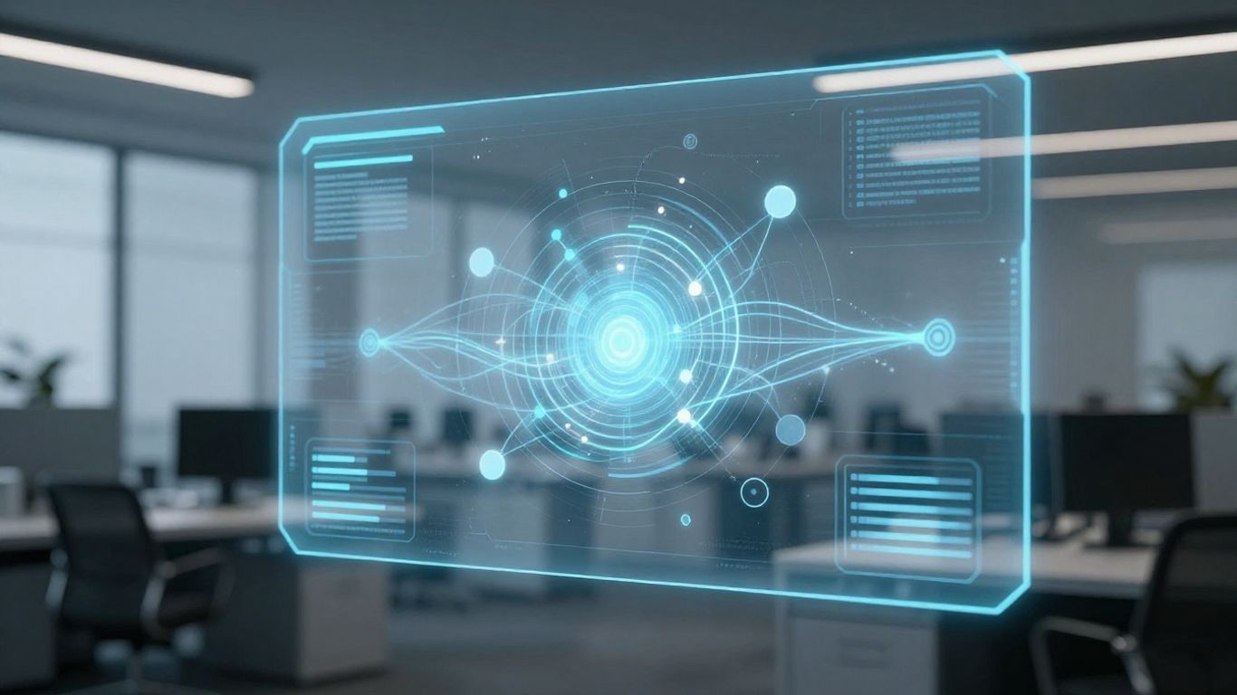 Futuristic AI interface on a holographic screen in an office.