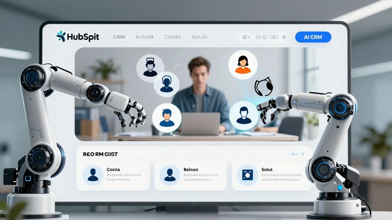 HubSpot AI CRM interface with robotic arms and customer service icons.