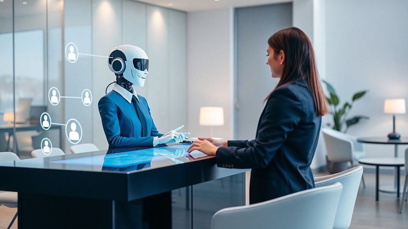 AI receptionist helps schedule appointments in modern office.