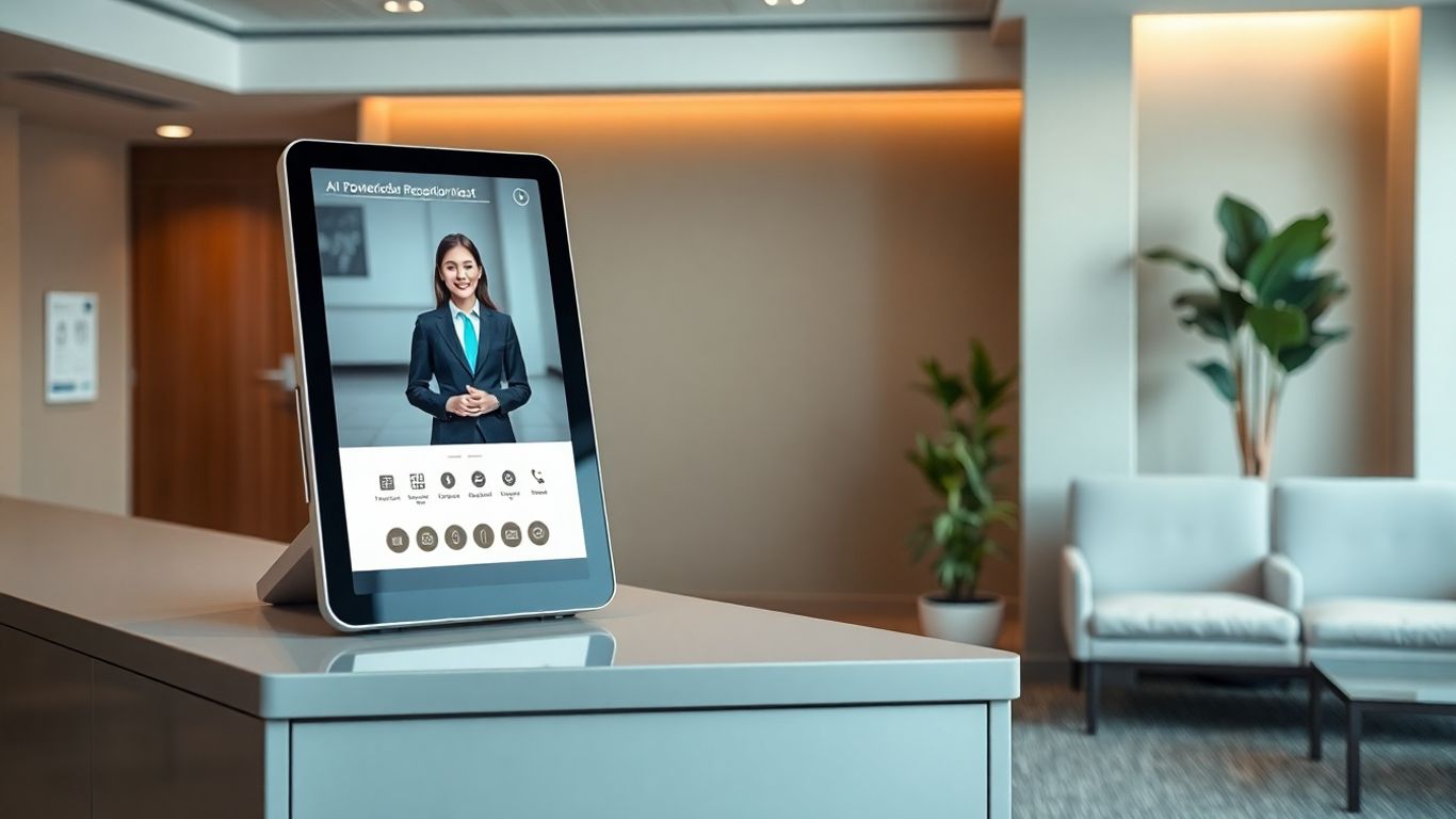 Modern office with AI receptionist touchscreen kiosk at desk