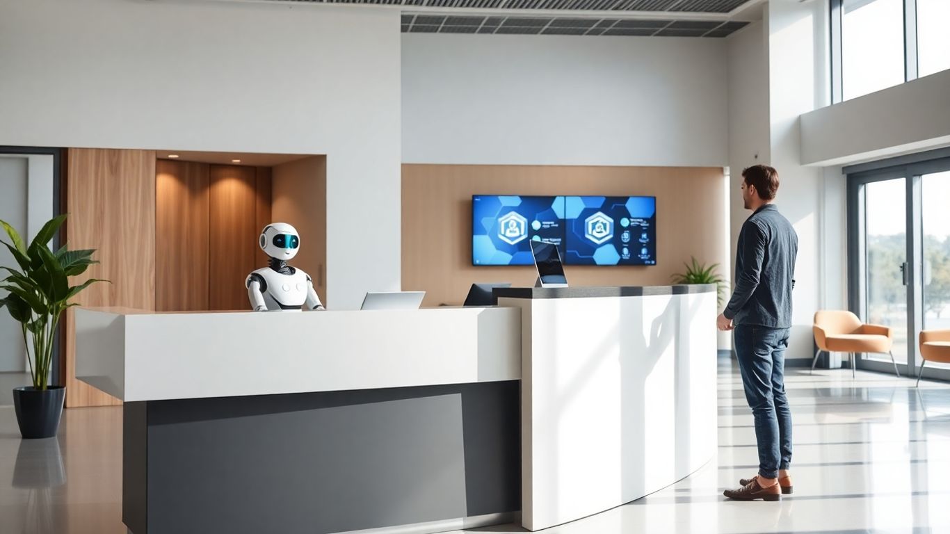 Robot receptionist assisting a visitor in a modern office lobby.