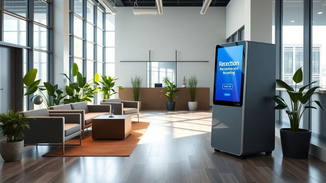 Modern office lobby with digital receptionist kiosk and plants.