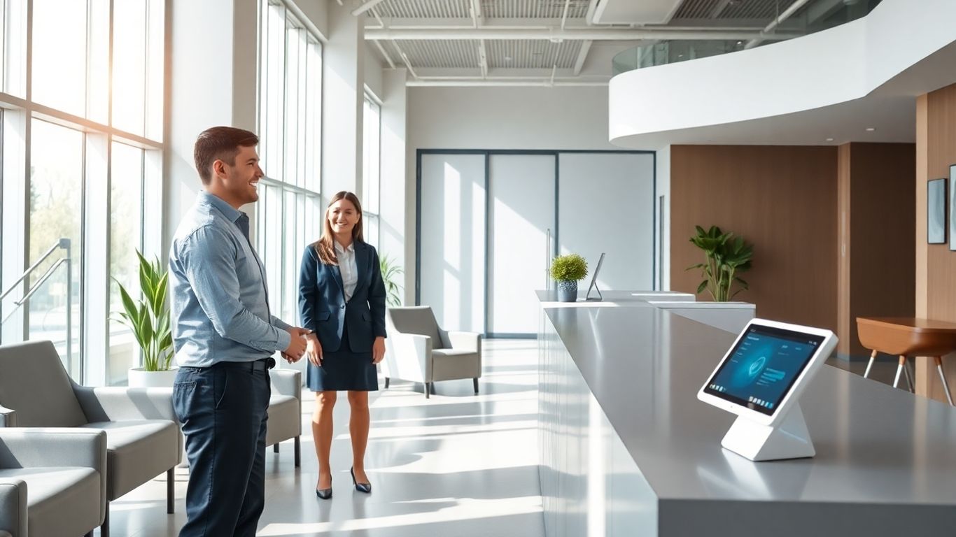 Receptionist welcoming visitor in high-tech modern office lobby
