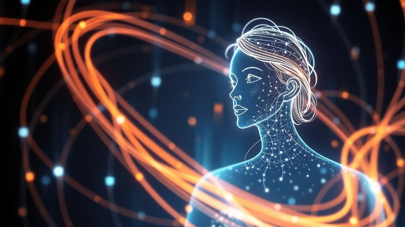 Futuristic AI chatbot interface with ethereal female avatar.