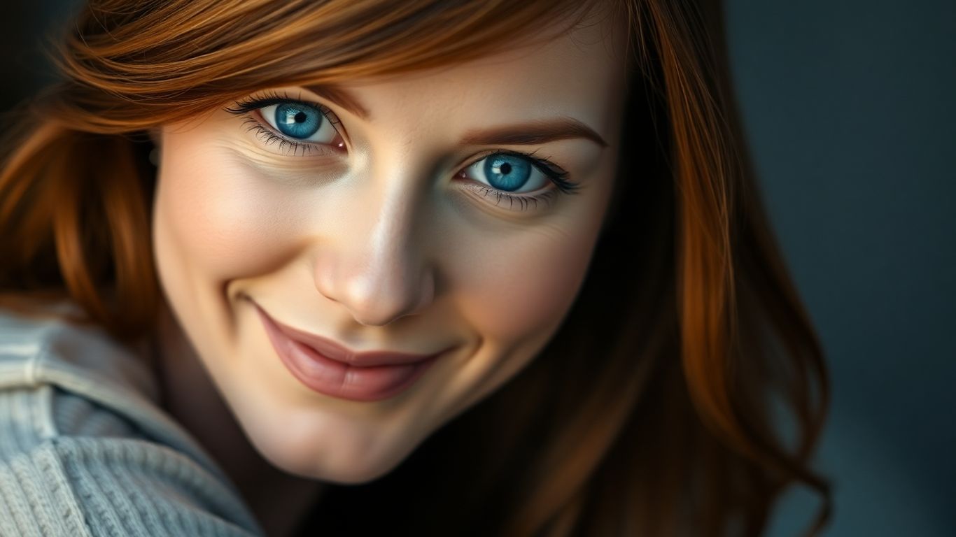 Woman with blue eyes and auburn hair smiling gently.