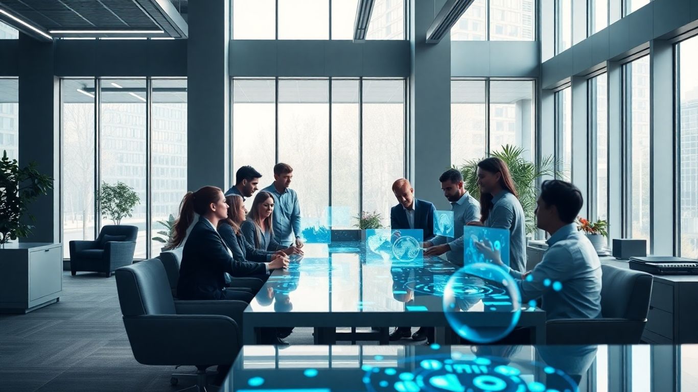 Teravision Technologies office with holographic interfaces and team collaboration.