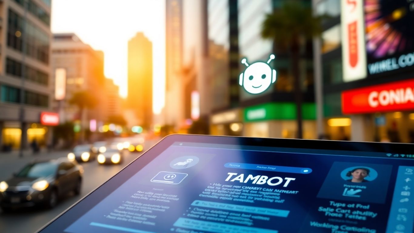AI chatbot on tablet with Tampa cityscape background.