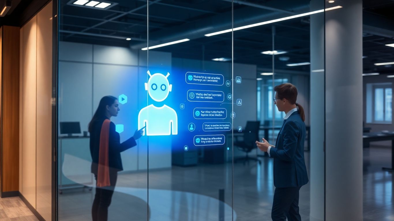 Corporate chatbot interface in a modern office setting.