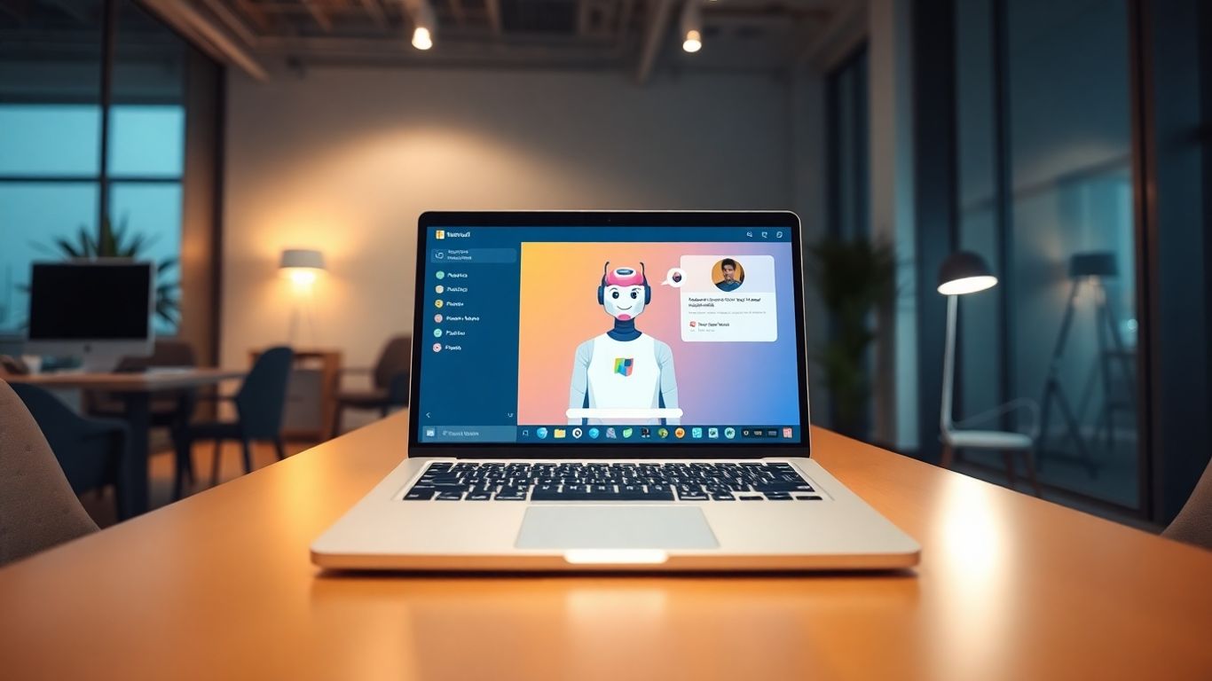 Microsoft Power Virtual Agents chatbot interface on a laptop screen.