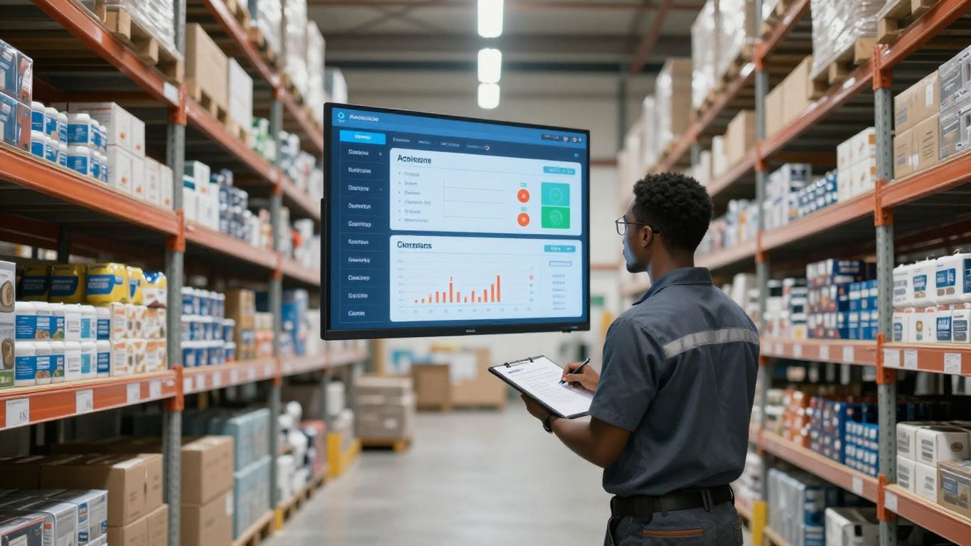 AI managing warehouse inventory with digital interface.