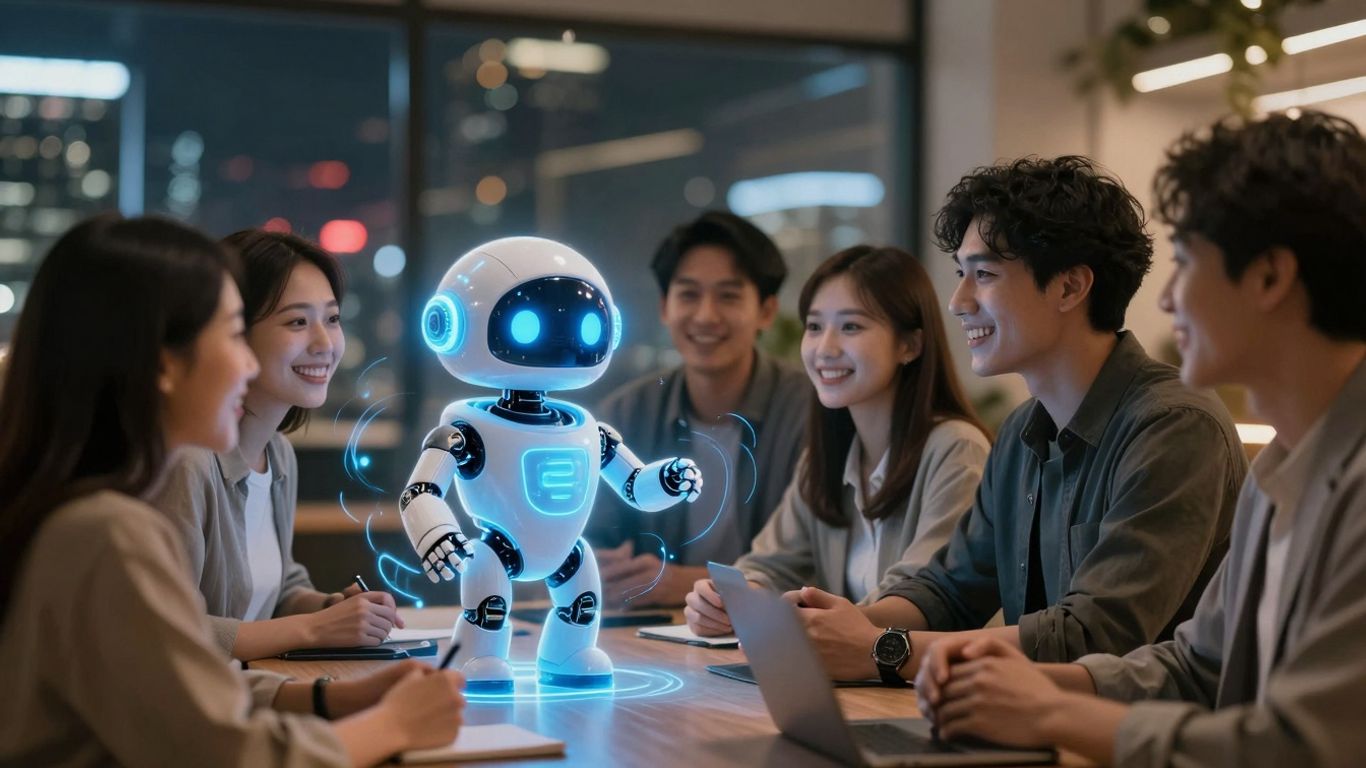 AI chatbot avatar interacting with happy customers.