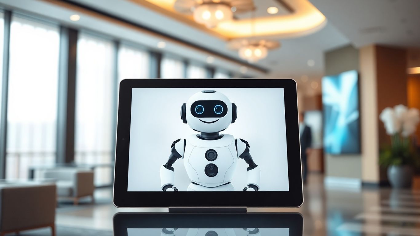 AI hotel chatbot avatar on a tablet screen.