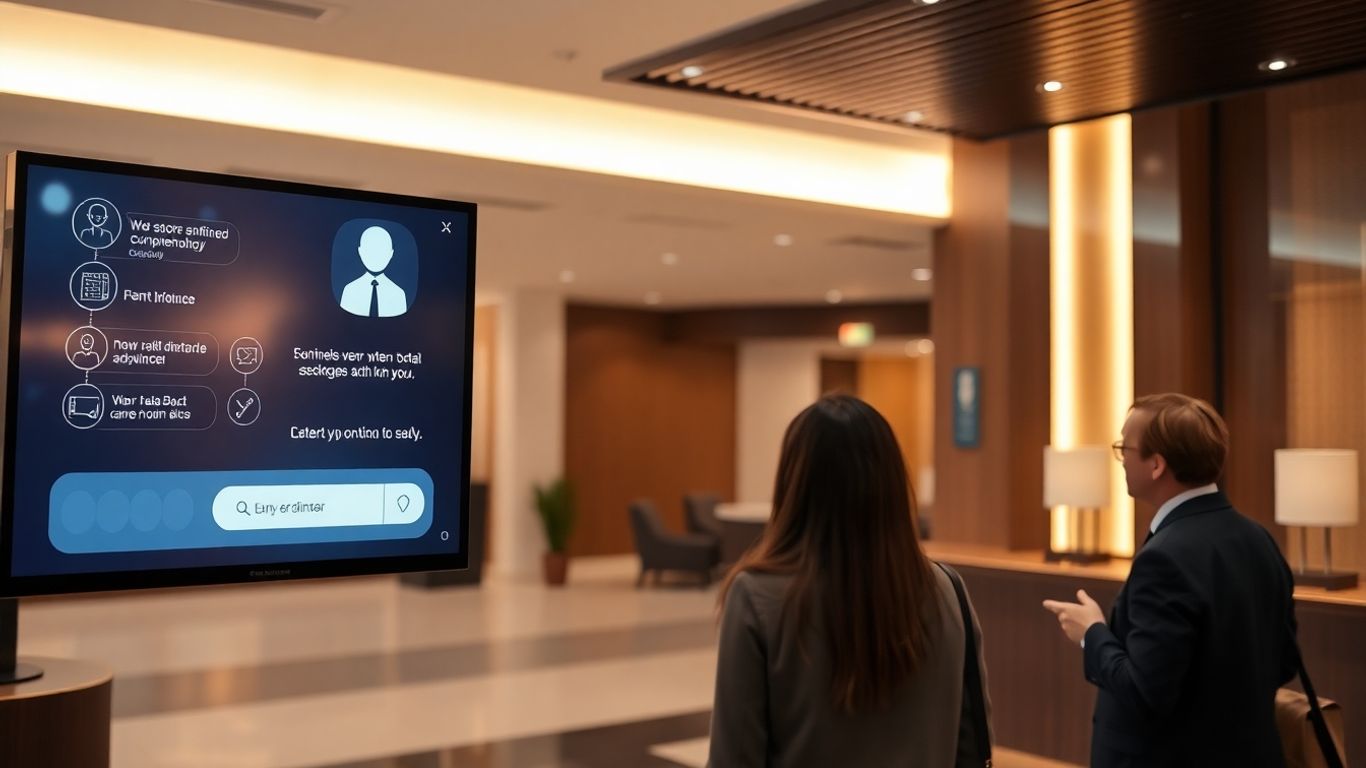 AI chatbot assisting hotel guests in a modern lobby.