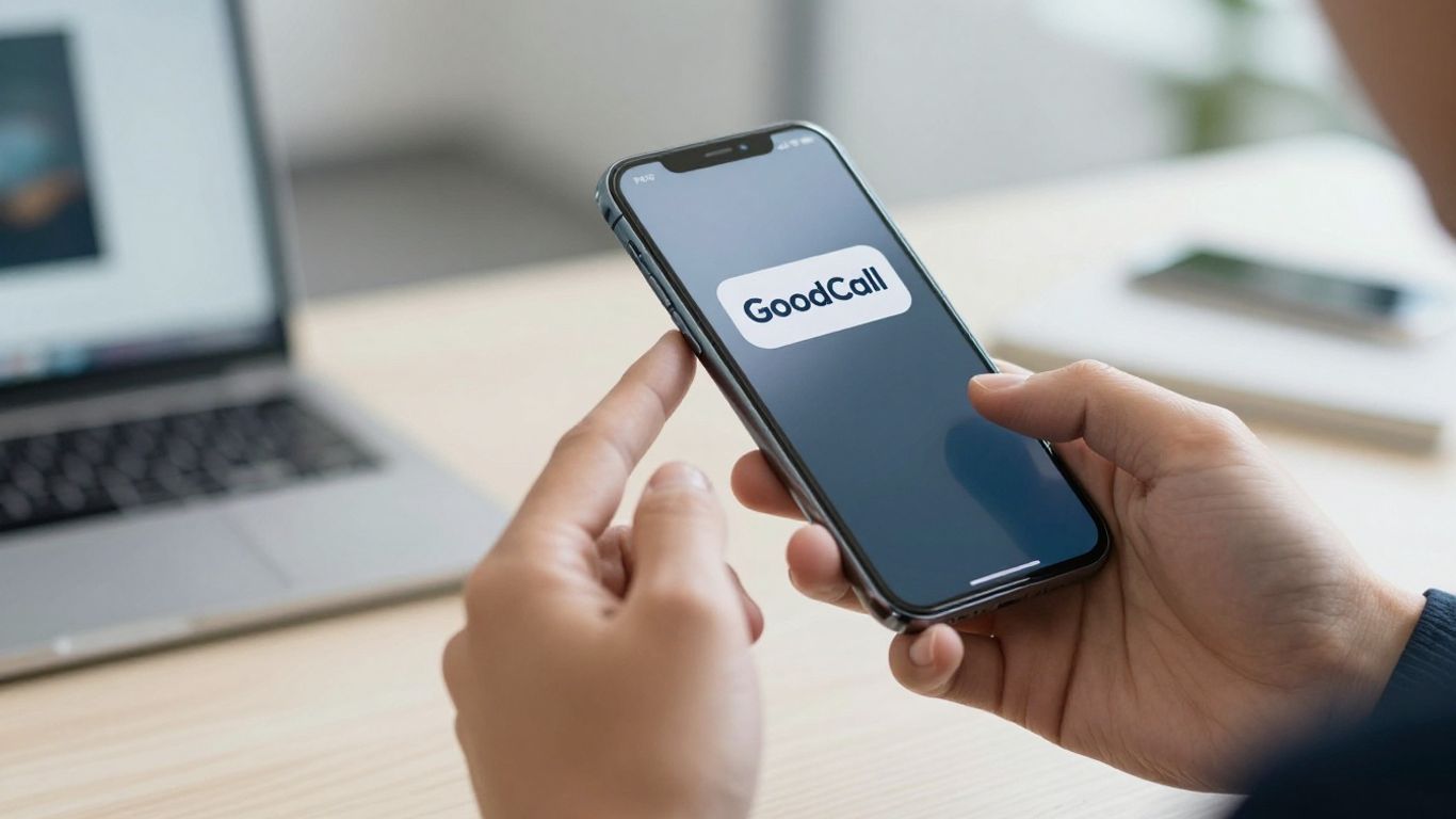 GoodCall AI phone answering service logo on a smartphone.