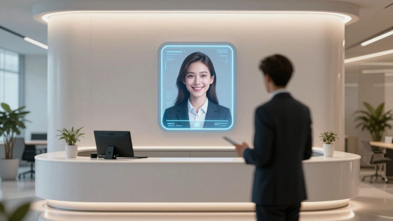 AI receptionist interface in a modern office setting.