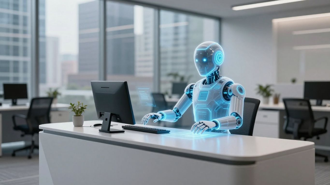AI receptionist interacting with a visitor in a modern office.