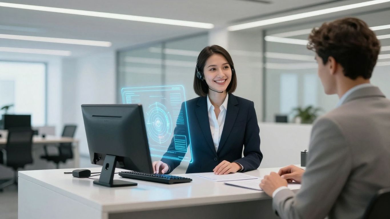 AI receptionist avatar in a modern office reception area.