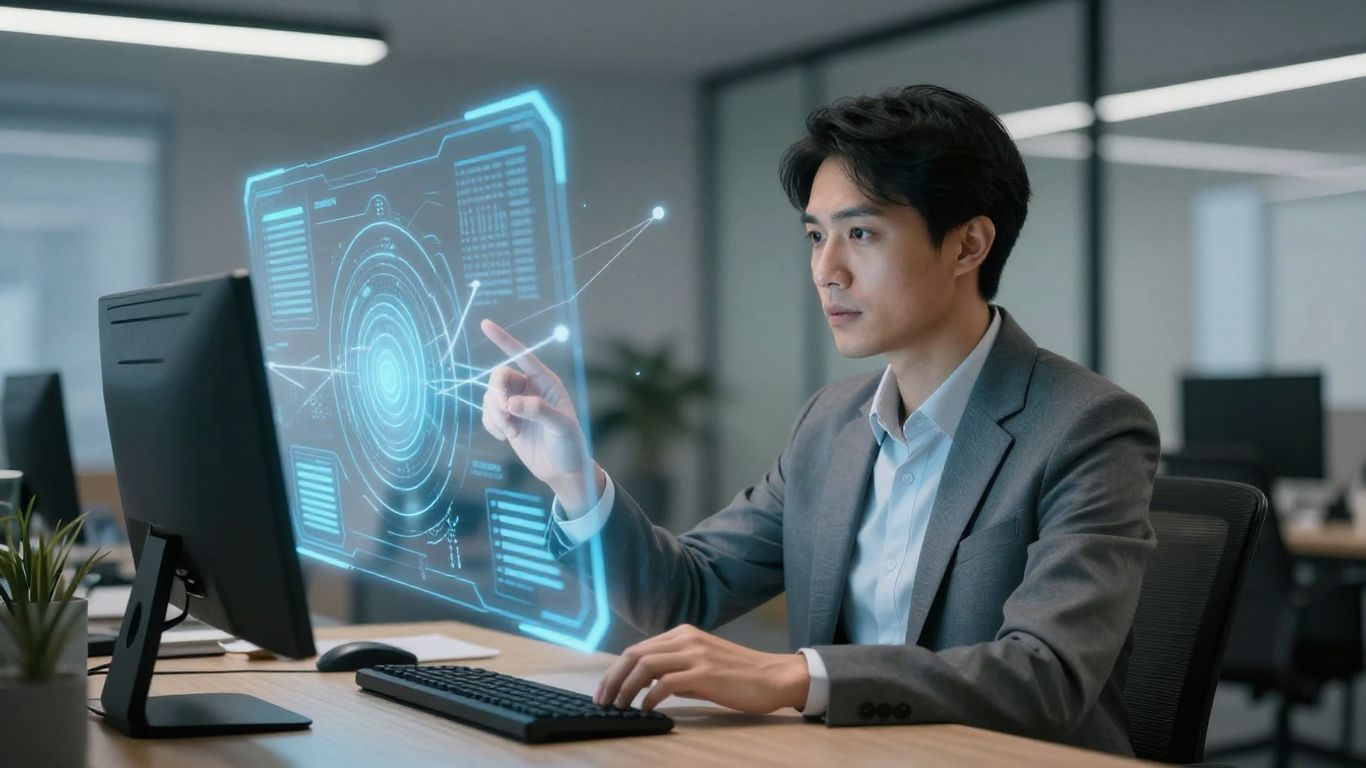 Financial advisor using advanced AI technology in an office.