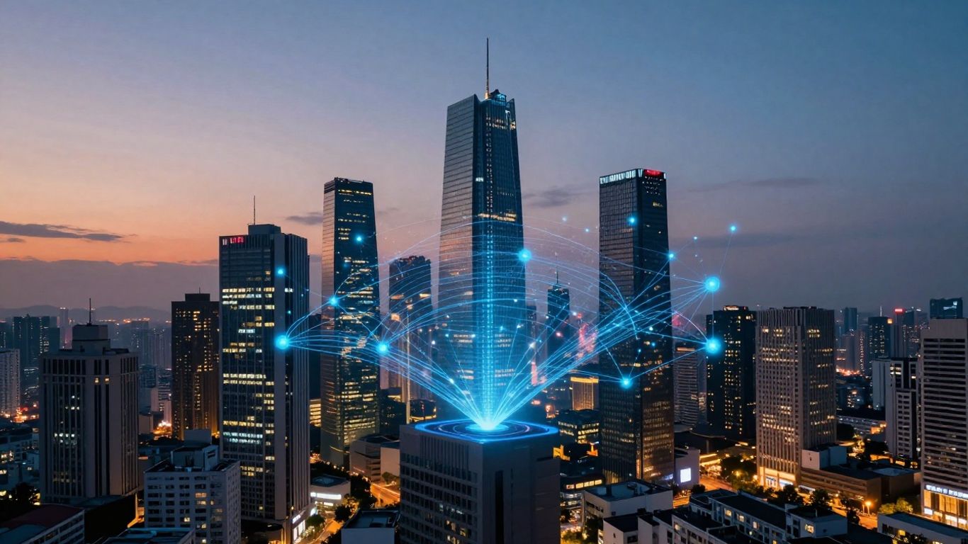 AI interfaces over a futuristic cityscape at dusk.