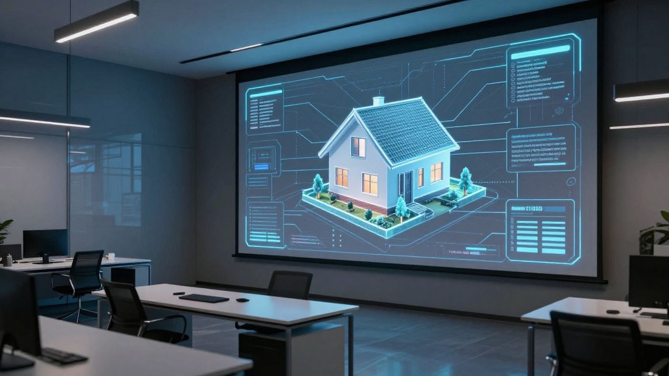 Futuristic AI interface displaying a 3D house model.