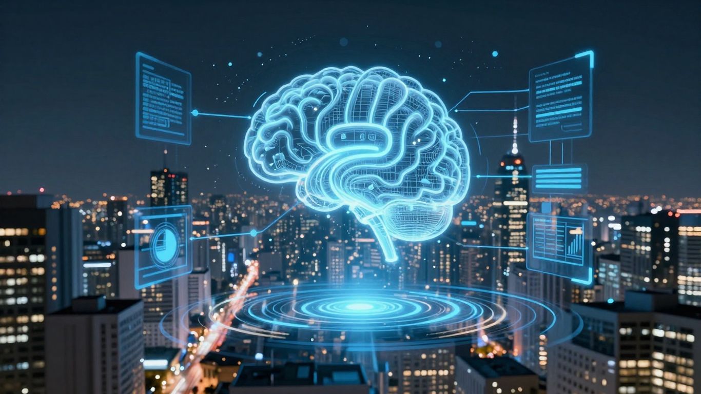 AI brain connecting to real estate blueprints in cityscape.