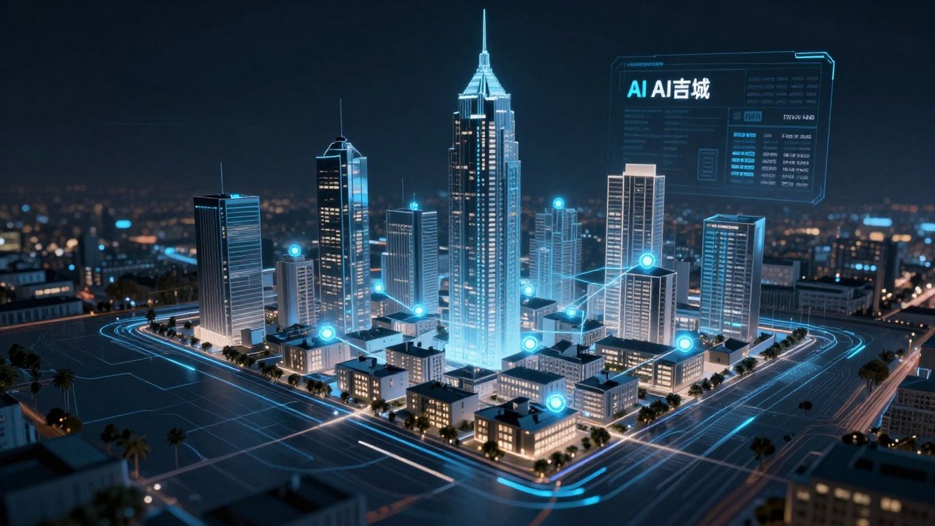 AI interface with real estate data and city skyline.