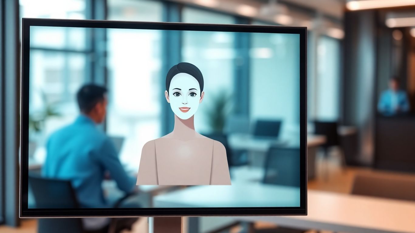 AI virtual receptionist avatar on a digital screen.