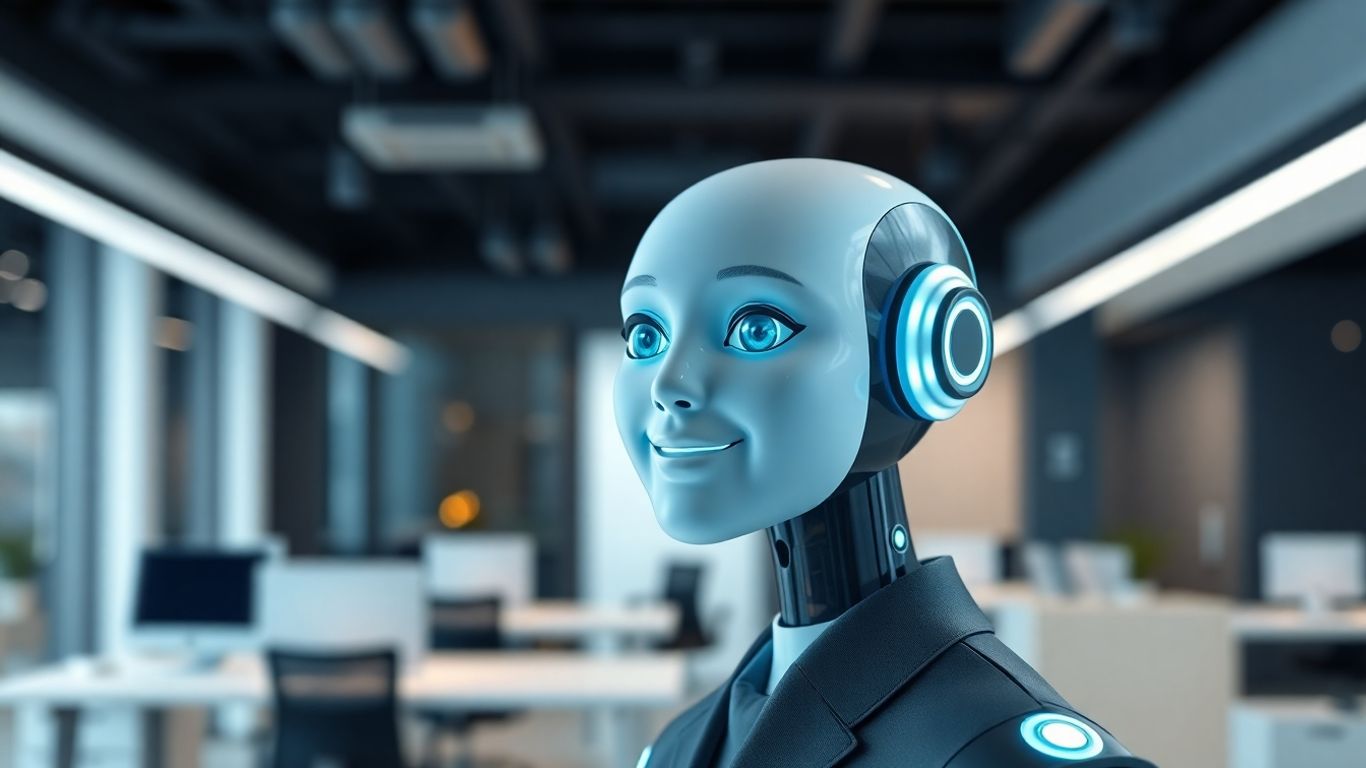 AI virtual receptionist avatar in a modern office.