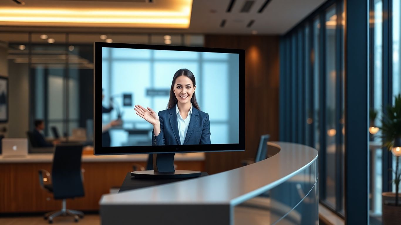 Virtual receptionist avatar smiling in a modern office setting.