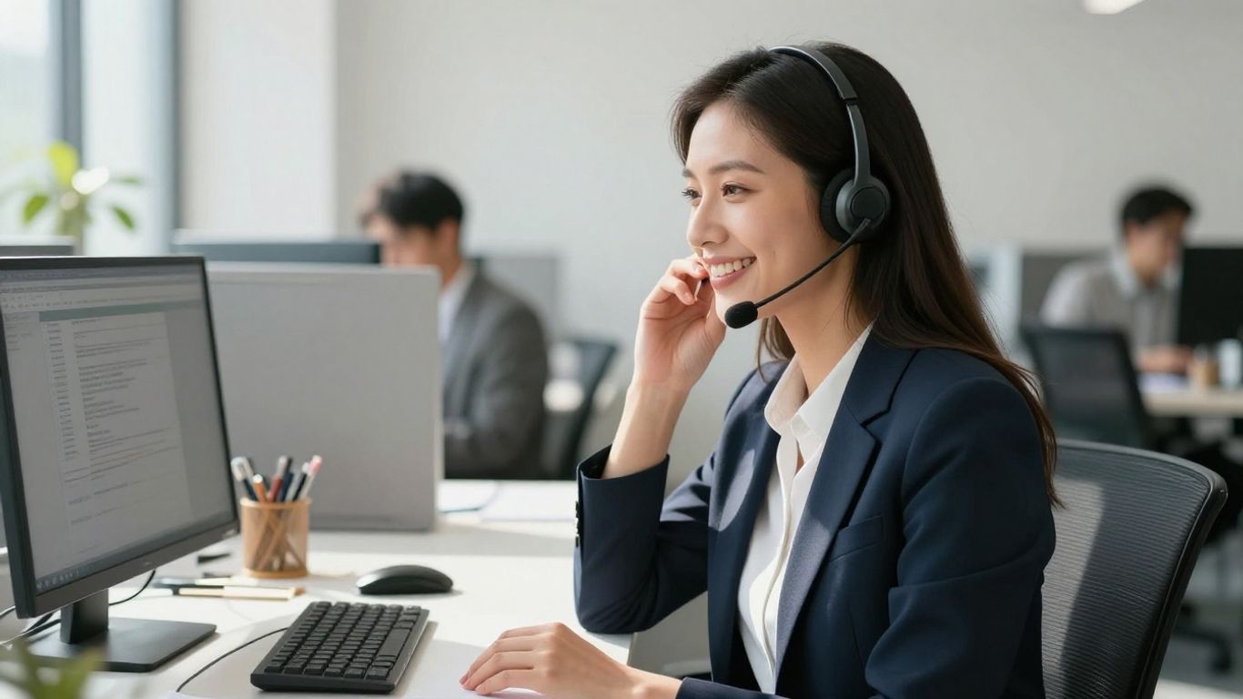 Abby Connect receptionist with headset in office