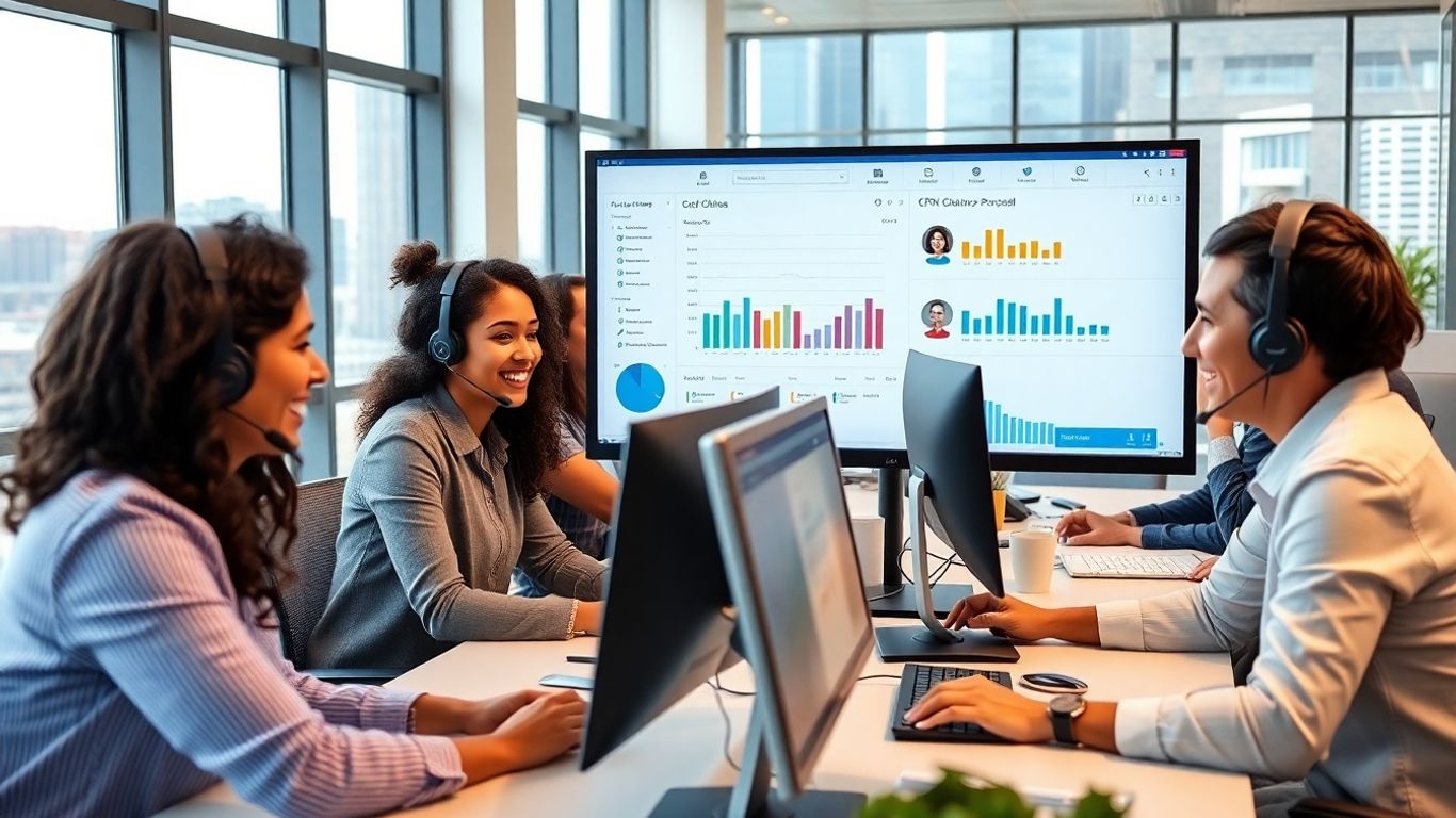 Business team using CRM with phone headsets in office