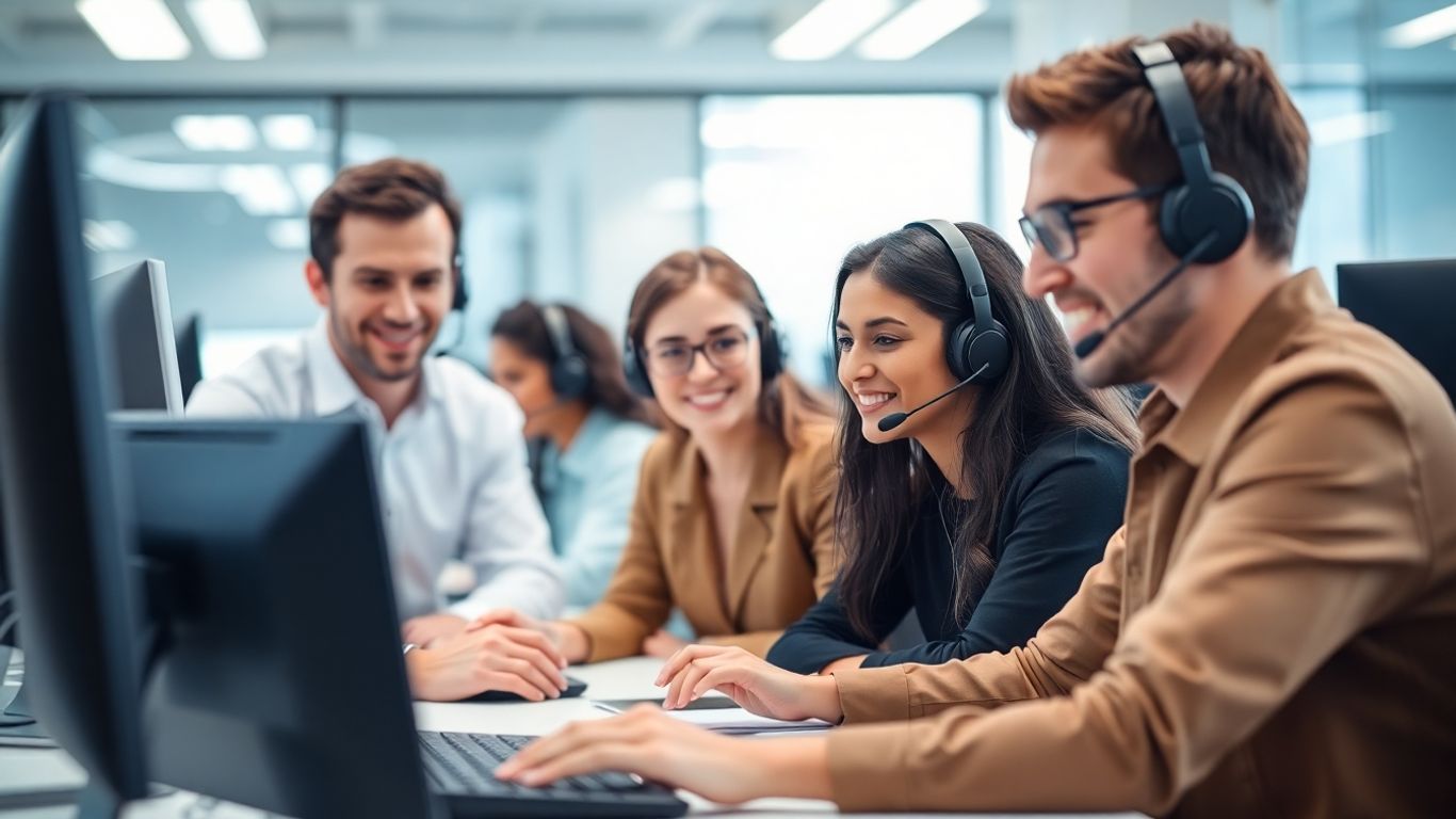 Professional call center team working in modern office