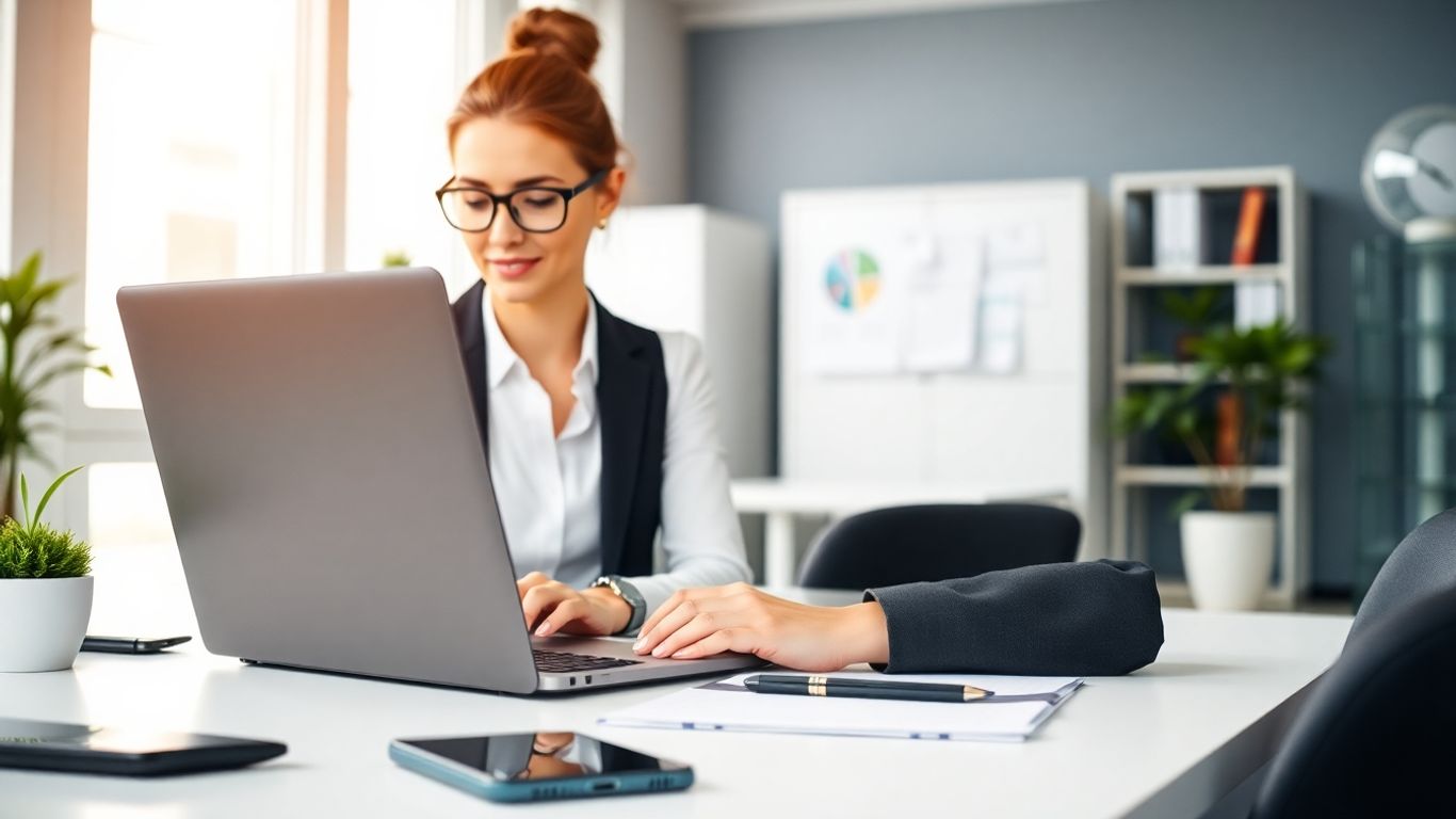 Businesswoman receives real-time notifications in office