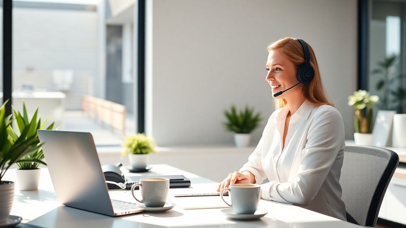 Professional receptionist on video call in modern office