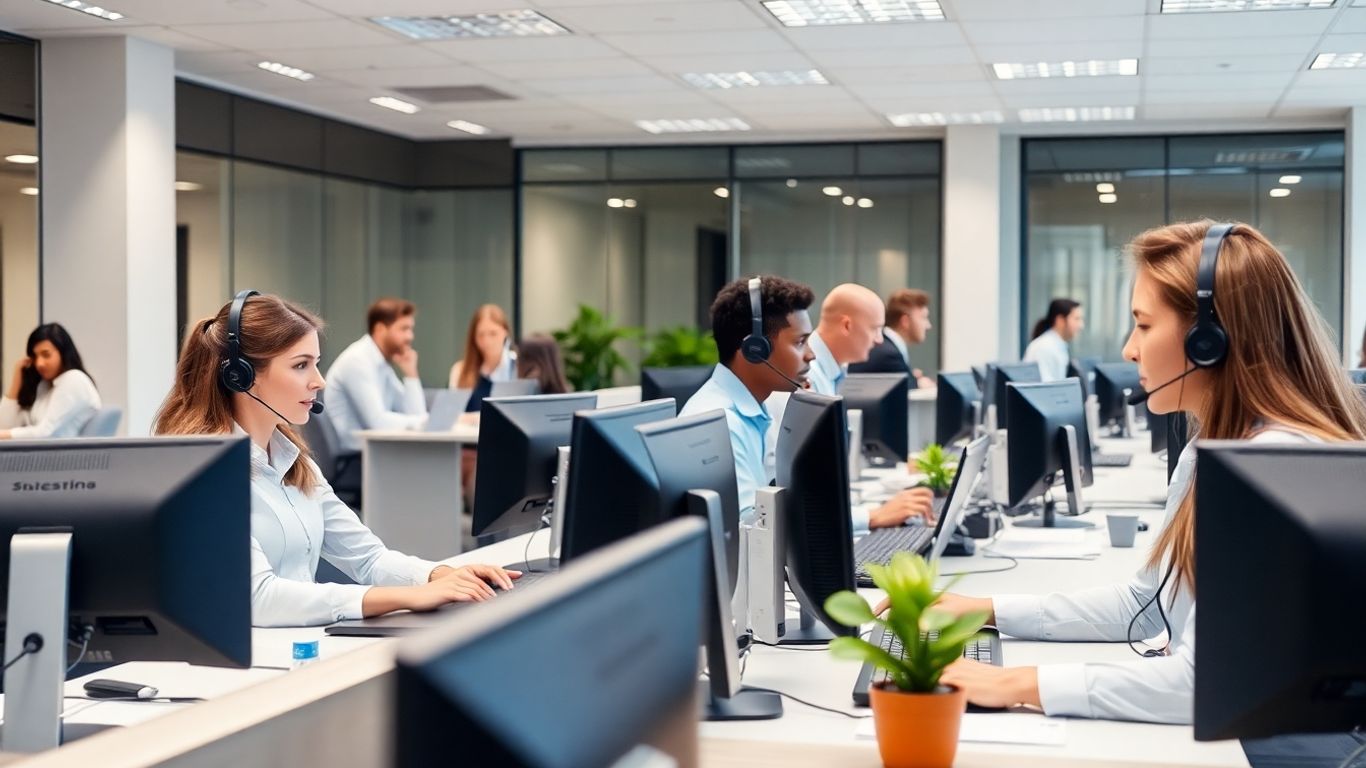 Receptionists handling multiple calls in a busy modern office