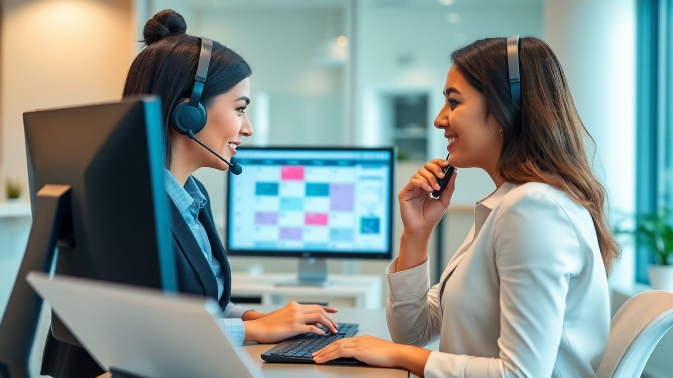 Receptionist scheduling business appointment on computer call