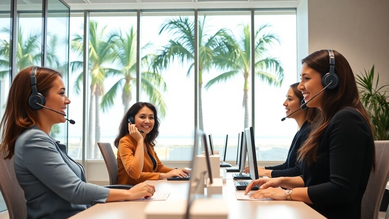 Receptionists with headsets in an office by palm trees