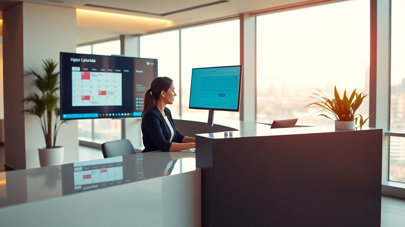 Receptionist using computer for appointment scheduling in office