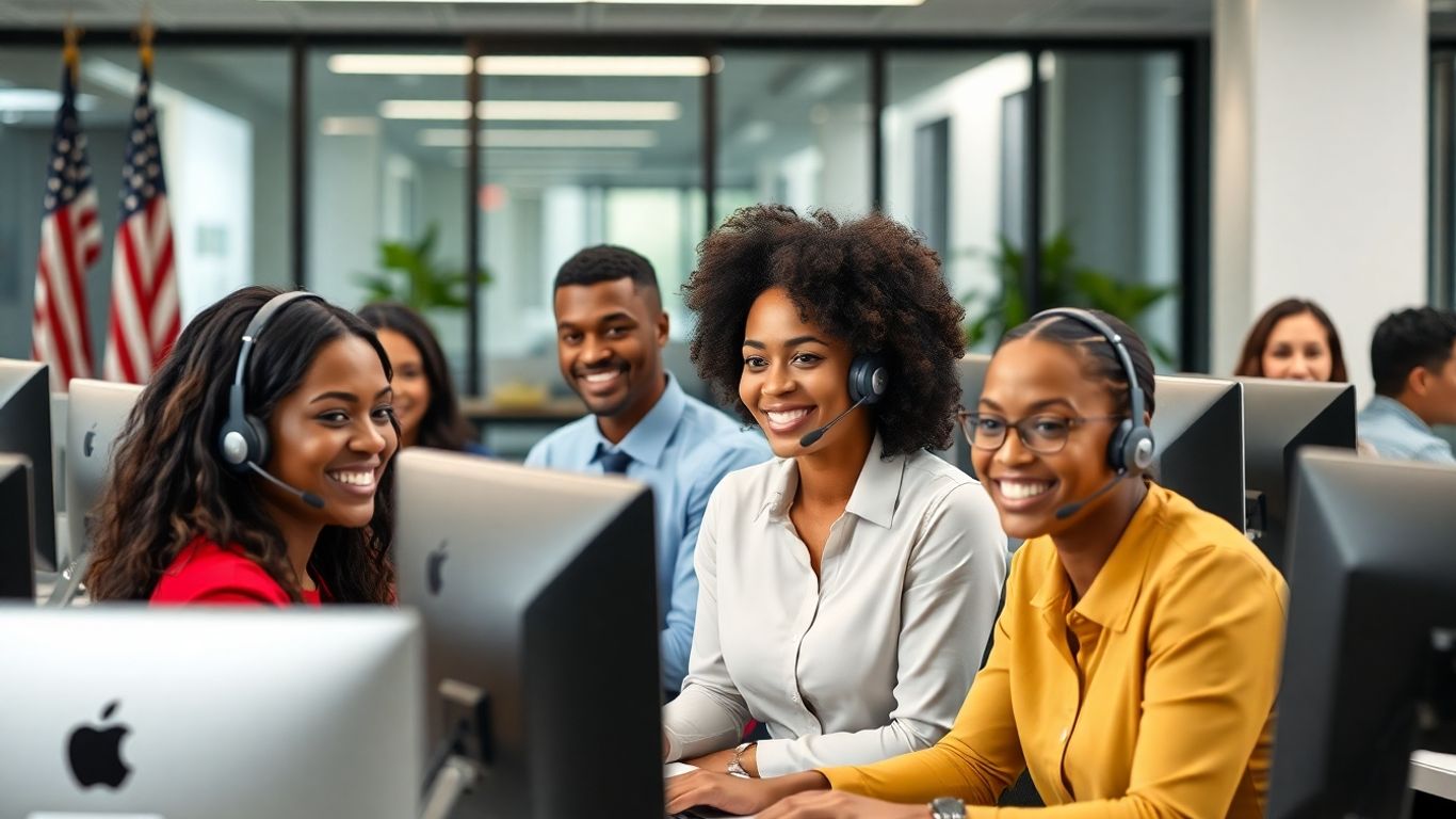 Diverse call center team with American flags in office