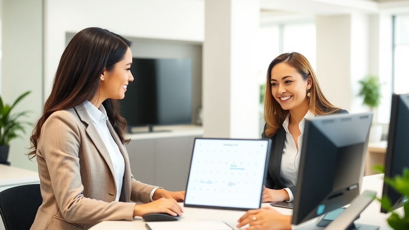 Receptionist scheduling appointment on computer in modern office