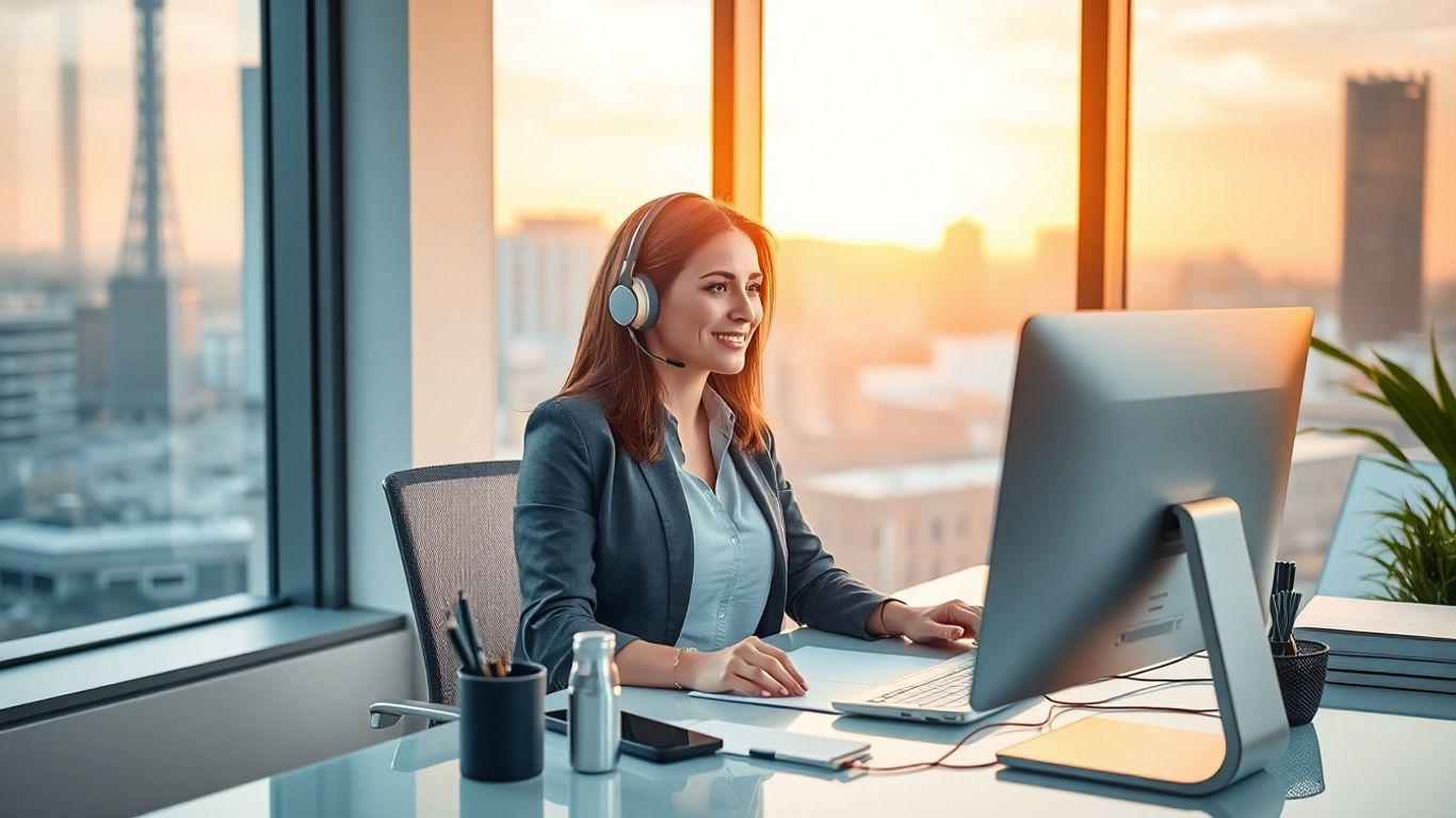 Woman at desk with headset Baton Rouge view