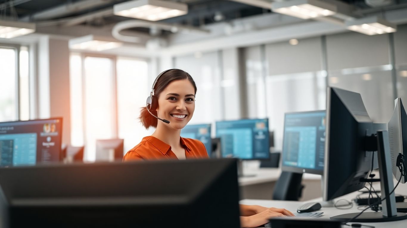 Receptionist using headset with connected office technology