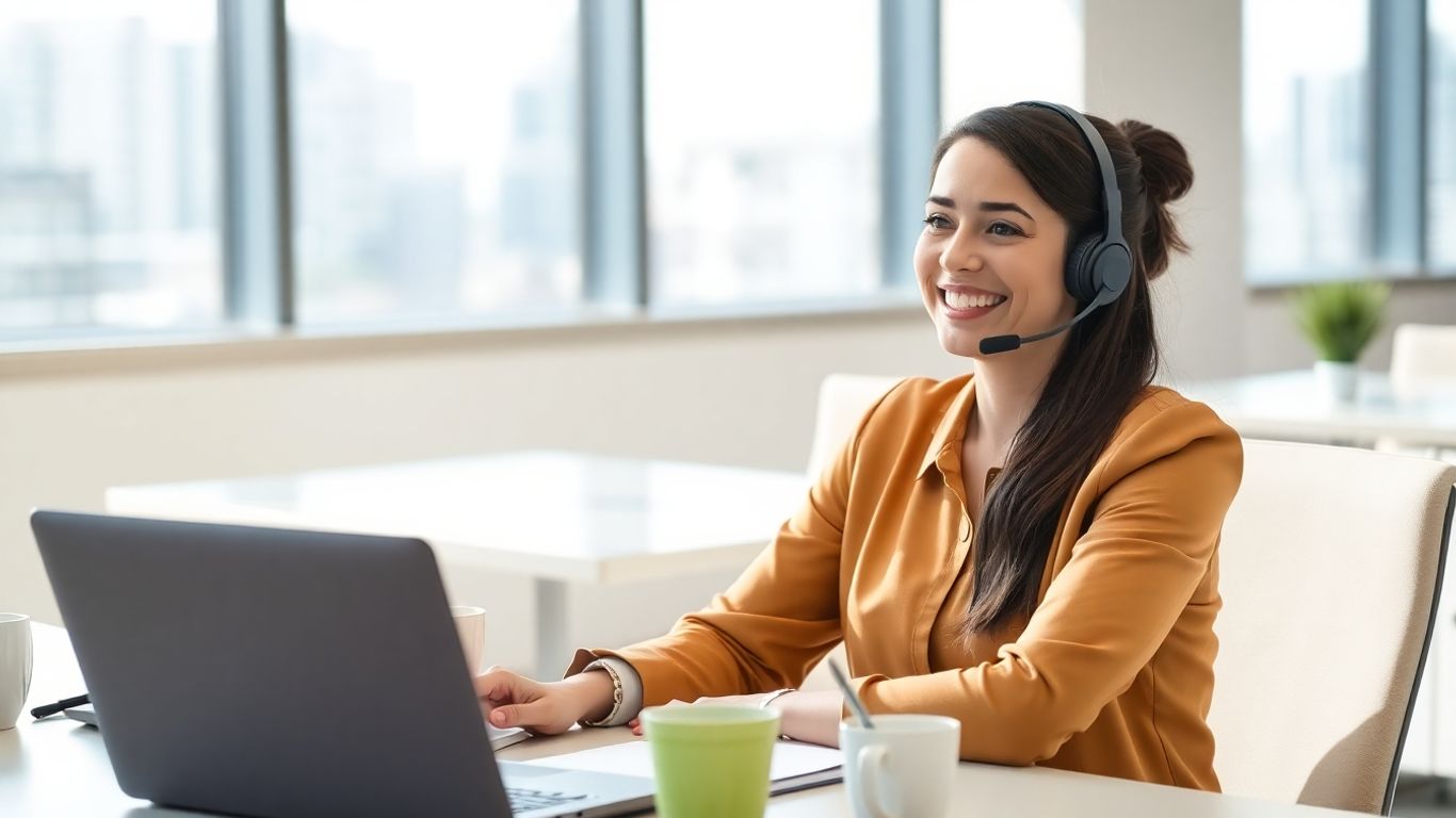Virtual receptionist in office speaking on video call