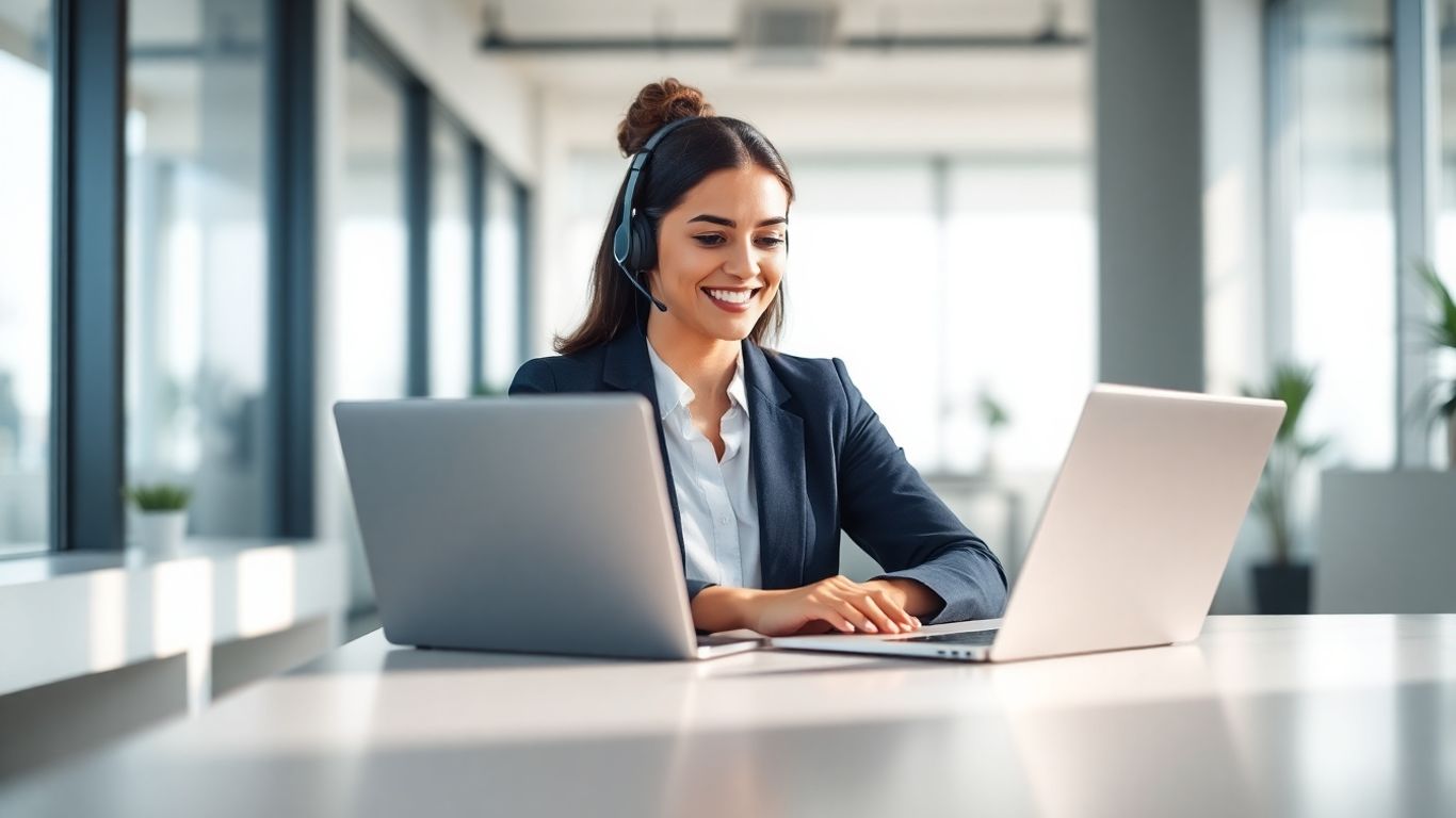 Businesswoman with headset on a video call in office