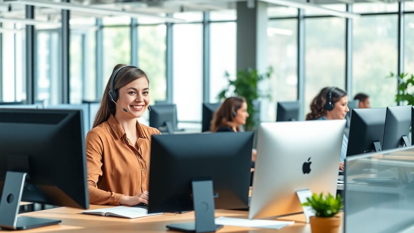Virtual receptionist assisting caller in a busy modern office