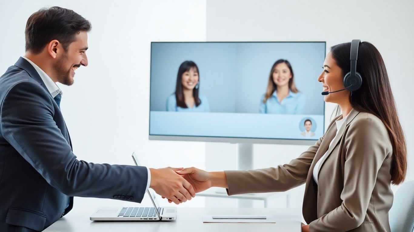 Businessperson greeting virtual receptionist on computer screen.