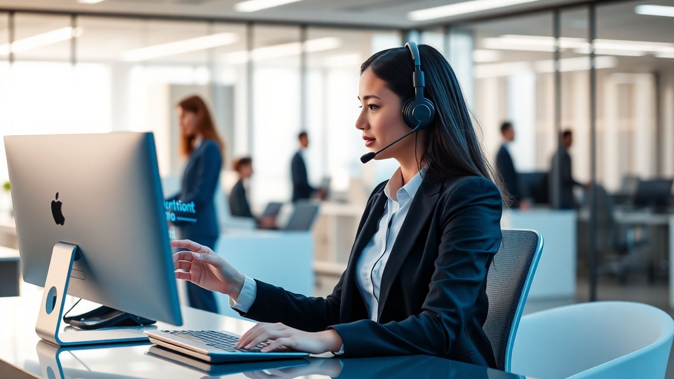 Receptionist at desk with advanced computer interface