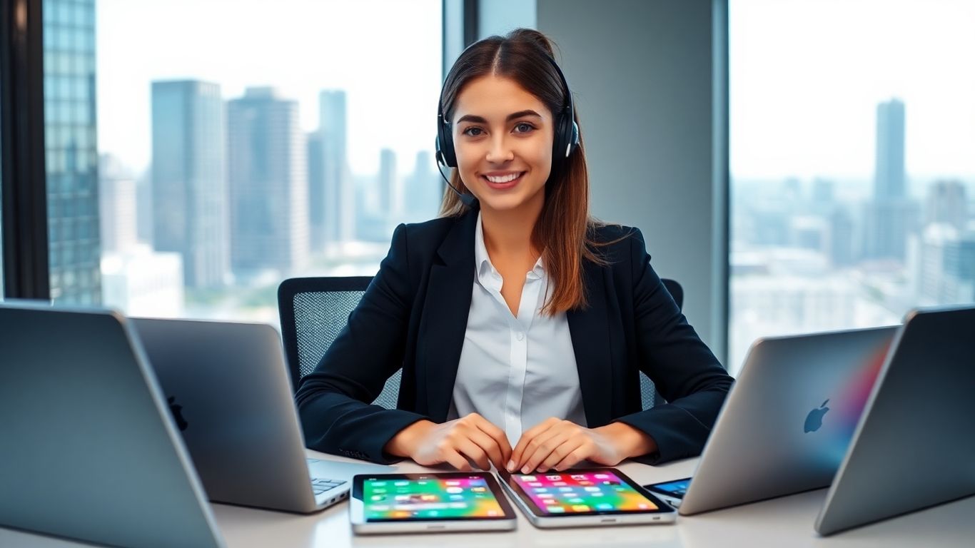 Virtual receptionist with headset in modern Brisbane office