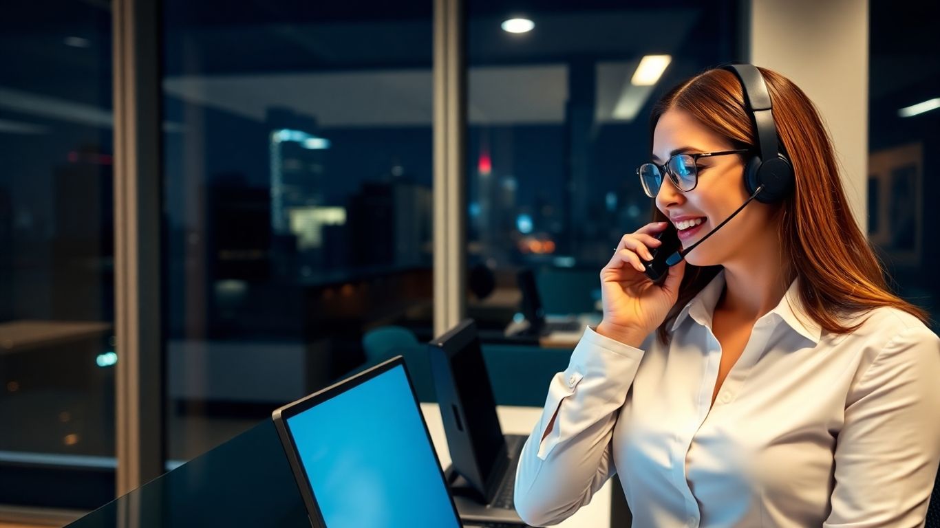 Receptionist answering calls in modern Birmingham office at night