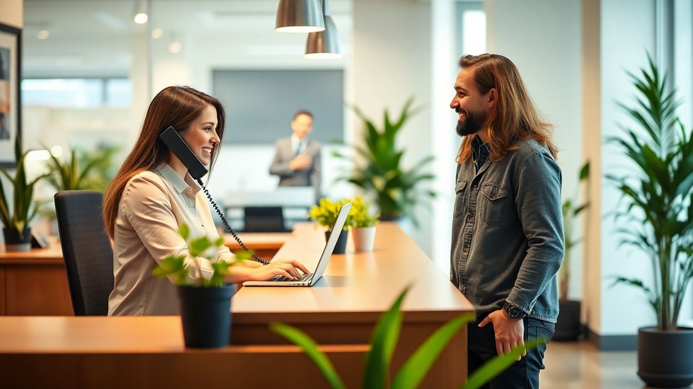 Receptionist greeting a happy local business customer